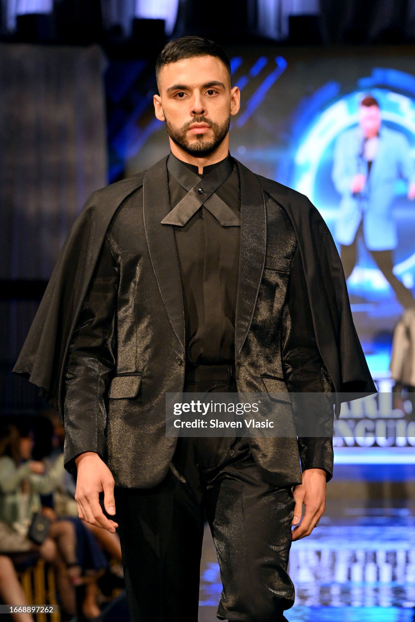 NEW YORK, NEW YORK - SEPTEMBER 08: A model walks the runway wearing designer Carlos Benguigui, during the NYFW hiTechMODA Season 10 Production at Gotham Hall on September 08, 2023, in New York City. (Photo by Slaven Vlasic/Getty Images for hiTechMODA)