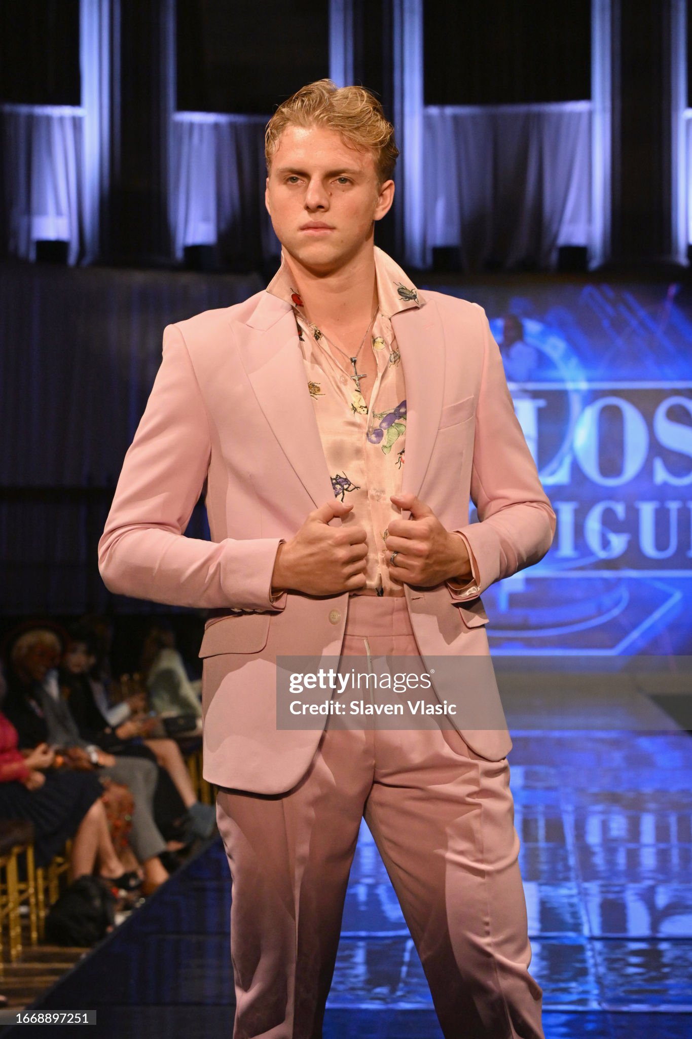 NEW YORK, NEW YORK - SEPTEMBER 08: A model walks the runway wearing designer Carlos Benguigui, during the NYFW hiTechMODA Season 10 Production at Gotham Hall on September 08, 2023, in New York City. (Photo by Slaven Vlasic/Getty Images for hiTechMODA)